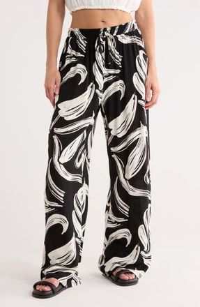 Halogen Print Tie Waist Wide Leg Pants in Vanilla Ice Black Leaf at Nordstrom Rack, Size X-Small