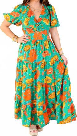 Entro Puff Sleeve Tiered Midi Dress In Green