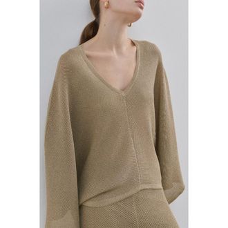 Mango Metallic V-Neck Long Sleeve Knit Top in Gold at Nordstrom, Size X-Small