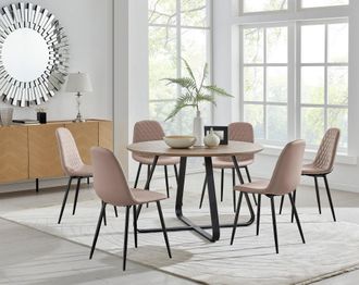 Furniturebox Santorini Brown Round Dining Table & 6 Corona Black Leg Chairs in Beige