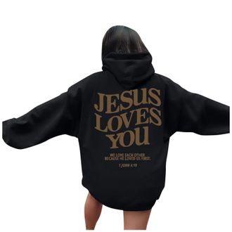 Generic Christian Hoodies for Women Ladies Teen Girls UK Bible Verse Jesus Loves You Graphic Casual Oversized Long Sleeve Sweatshirts Drawstring Pockets Pullo