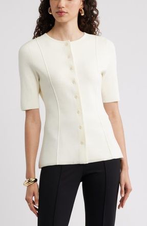 Nordstrom Crewneck Elbow Sleeve Cardigan in Ivory Tofu at Nordstrom, Size Xx-Small