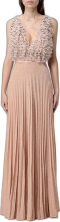 Elisabetta Franchi Abito lungo in tulle e jersey con cristalli - - Dresses - Donna - Beige - M