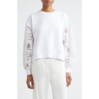 Cinq &agrave; Sept Lace Sleeve Cotton Sweatshirt in White at Nordstrom Rack, Size Large