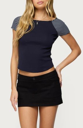 Edikted Marina Stripe Raglan Sleeve T-Shirt in Navy-And-White at Nordstrom, Size X-Large