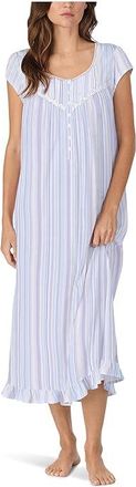 Eileen West Cotton Knit Cap Sleeve Long Gown Womens Pajama White Ground Stripe : SM