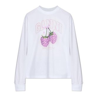 Ganni T-shirt met lange mouwen en frambozen - Dames - Longsleeves - Wit - XS - Katoen - Tops