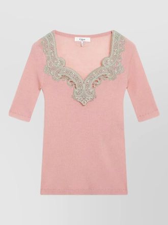 Chlo&eacute; knit top 34 sleeves embroidered neckline ribbed