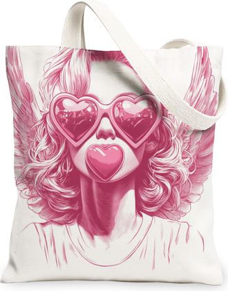 Generic Romantic Valentines Day Fairy Canvas Tote Bag for Shopping 13x15, Fun Romantic Love Heart Reusable Grocery Print Bag for Women, Holiday Beach Aestheti