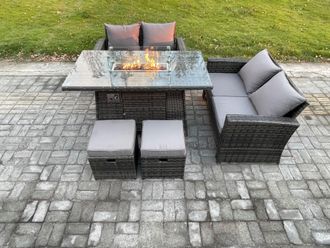 Fimous 5 Pieces Garden Furniture Sets Poly Rattan Outdoor Patio Gas Firepit Dining Table Sofa Set with 2 Small Footstools in Dark Grey