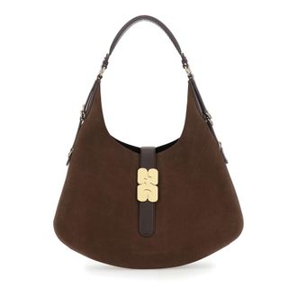 Ganni Kat Brown Large Shoulder Bag With Butterfly Plaque On The Front And Adjustable Shoulder Strap In Suede Woman
