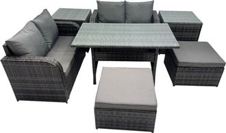 Fimous Wicker pe Rattan Garden Outdoor Furniture Set Love Sofa Dining Table Sets with 2 Side Table 2 Big Stools Dark Grey Mixed - Fimous