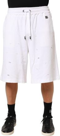 Dolce & Gabbana Mens White Cotton Ripped Bermuda Sweatpants Shorts