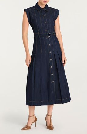 Cinq &agrave; Sept Karter Pleated Belted Denim Midi Dress in Indigo at Nordstrom, Size 10