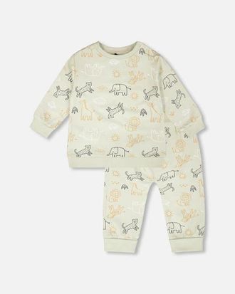 Deux par Deux Organic Cotton Jersey Animal Print Sweater and Pants Set in Sage Green Animal Print at Nordstrom, Size 18M