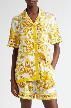Dolce & Gabbana Majolica Print Silk Button-Up Shirt in Mix Maiolica Giallo at Nordstrom, Size 2 Us