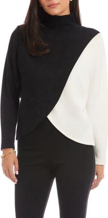 Karen Kane Colorblock Turtleneck Crossover Hem Knit Top in Black/Ivory at Nordstrom, Size X-Small
