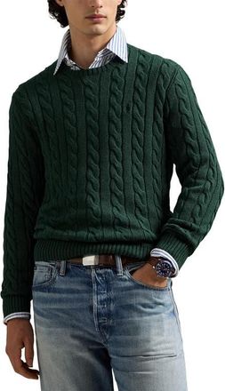 Polo Ralph Lauren Cable Knit Cotton Crewneck Sweater in Scotch Pine Hthr at Nordstrom, Size Xx-Large