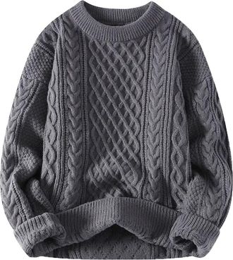 Generic Men Autumn Winter Knitted Crew Neck Aran Sweater Pullover Long-Sleeve Loose Harajuku Retro Knitting Sweaters, M8531-gray, X-Large