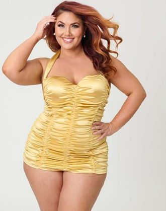 Unique Vintage Plus Size Mansfield Halter One Piece Swimsuit in Gold Solid at Nordstrom, Size 1X