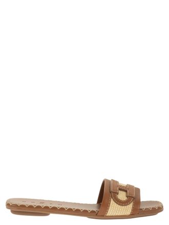 Hogan H685 Flache Sandalen aus Leder und Bast