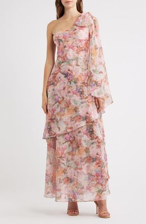 Lulus Amara Floral Print One-Shoulder Chiffon Gown in Pink Floral at Nordstrom, Size X-Large