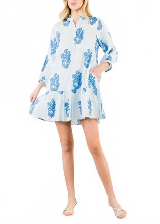 THML Clothing Blockprint Cotton Tiered Dress In Blue Floral