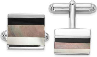 Diamond2Deal Sterling Silver Rhodium-plated Onyx and White Grey MOP Cuff Links
