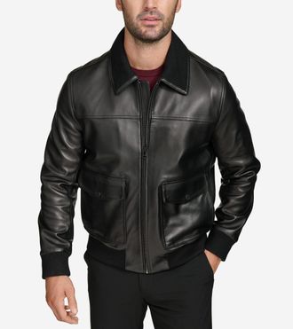 Cole Haan Mens Leather Aviator Jacket - Black Size Small