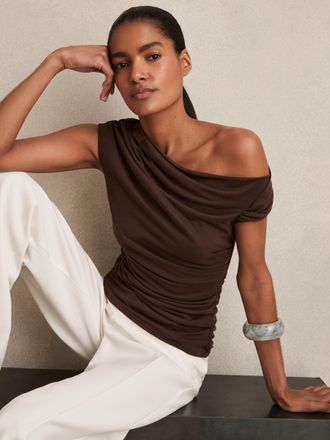 Reiss Chocolate Brown -blend Ruched Off-shoulder Top, 14