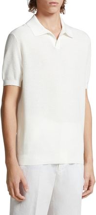 Ermenegildo Zegna Waffle Knit Premium Cotton Polo Sweater in White at Nordstrom, Size 56