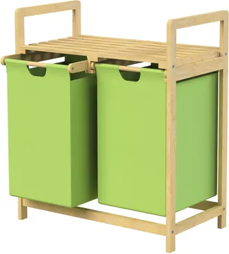 ML Design Ml-design - Cesto Para La Colada De Bamb&uacute; Verde Caja Para La Ropa Sucia Con 2 Compartimentos Recogedor Con 2 Bolsas Extensibles 60 L Cubo Con Estante 