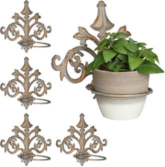 Relaxdays Relaxdays Set of 5 Baroque Wall Flower Racks, Cast Iron, Vintage Outdoor Flower Pot Holder, Ø 13.5 cm Rings, Gold-Grey