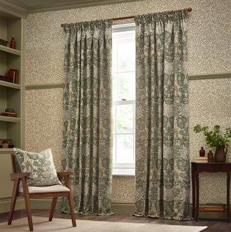 Morris & Co. Snakeshead Jacquard Chenille Room Darkening Pencil Pleat Curtains in Stone | Size: 229 cm width x 137 cm drop