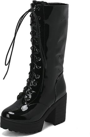 Generic Womens Lace Up Mid Claf Riding Boots Chunky Platform Round Toe Punk Shoes with Side Zipper (Black,7.5)