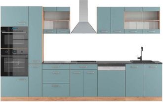 Vicco Cocina R-Line, Roble azul-gris-dorado, 350 cm con armario alto, et Antracita