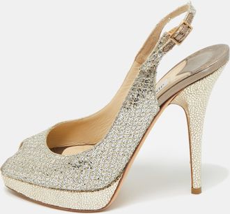 Jimmy Choo London Gold Glitter Accents Peep Toe Slingback Pumps
