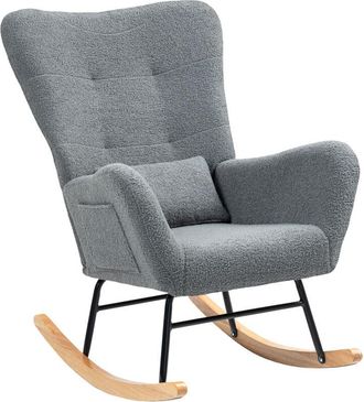 HOMCOM Mecedora De Borreguito Mecedora Para Lactancia Con Respaldo Acolchado Almohada Y Base De Madera De Caucho Carga 120 Kg Gris - Homcom