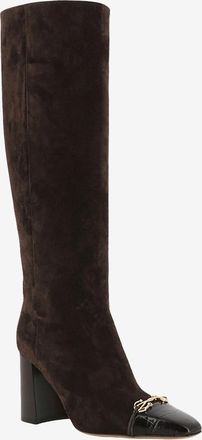 Ferragamo Wildlederstiefel mit Kroko-Leder und Absatz Sibilla 85