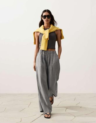 Oysho Pantaloni 100% lino a fondo ampio grigi-Grigio