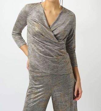 Joseph Ribkoff Foiled M&eacute;lange Knit Wrap Top In Silver Melange