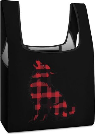 Generic Buffalo Plaid Wolf Shopping Bag Reusable Grocery Tote Bag Foldable Handbag for Travel Picnic
