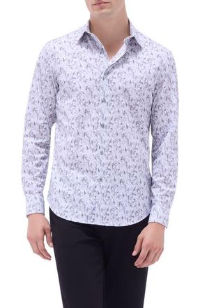 Bugatchi James OoohCotton Leaf Print Button-Up Shirt in Platinum at Nordstrom, Size Xxx-Large