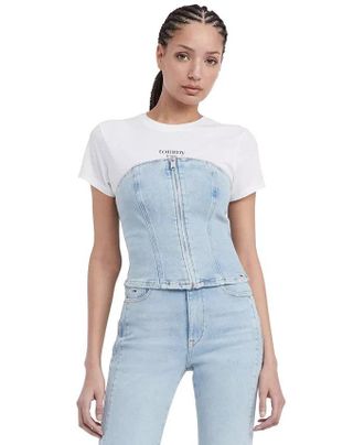 Tommy Hilfiger Jeans Denim Top Womens Blue Bandeau Neck Front Zip FTS1057