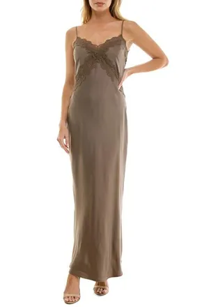 Socialite Bias Cut Lace Trim Satin Slipdress in Mocha at Nordstrom, Size X-Large