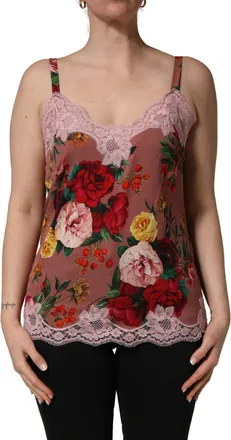 Dolce & Gabbana Womens Brown Rose Print Satin Lace Camisole Tank Top Cotton Elastane Nylon Silk