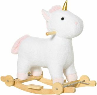 HOMCOM Homcom - Caballito Balanc&iacute;n Para Ni&ntilde;os De +3 A&ntilde;os Caballo Balanc&iacute;n Unicornio De Peluche 2 En 1 Con Ruedas Y Sonidos Carga M&aacute;x. 45 Kg 63x38x63 Cm