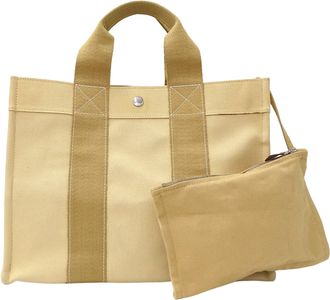 Herm&egrave;s Beige Yellow Toile Officier Handbag Tote Bag (Pre-Owned)