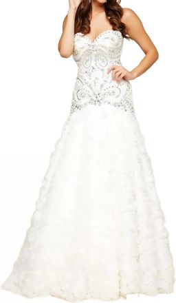 Mac Duggal Ruffled Rhinestone Embellished Gown In Ivory