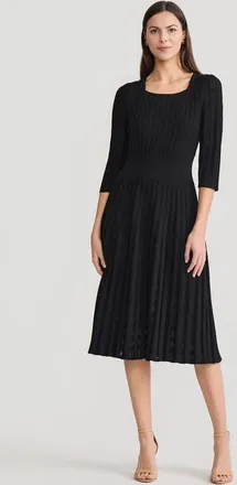 Ming Wang Linear Pointelle Tonal Knit Fit-N-Flare Midi Dress in Black at Nordstrom, Size Medium